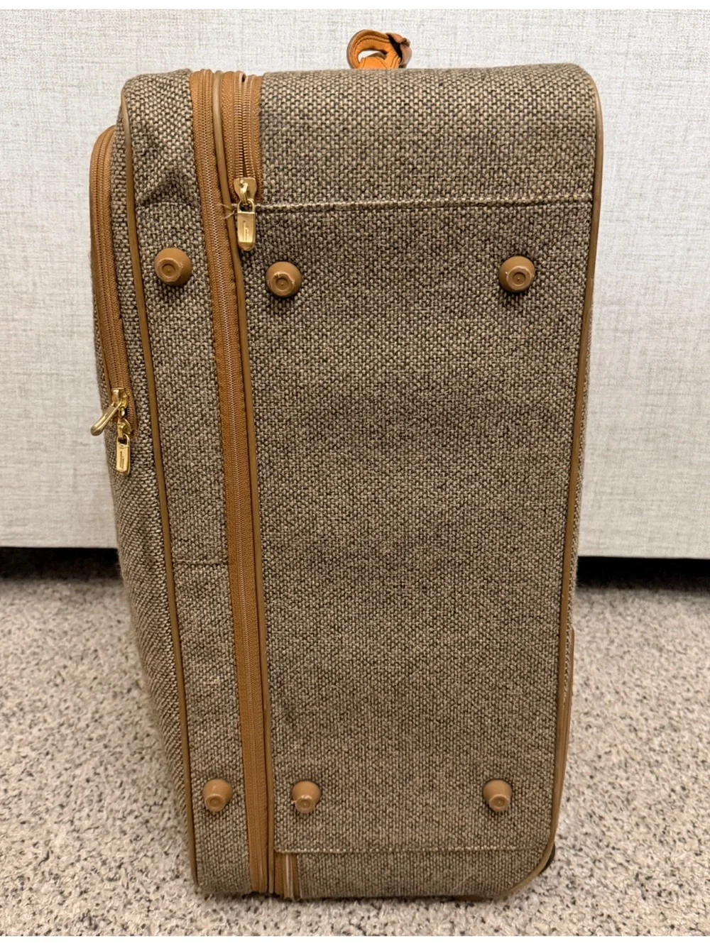 Hartmann Vintage Expandable Tweed Large Check Roller Bag with Tan Leather Trim